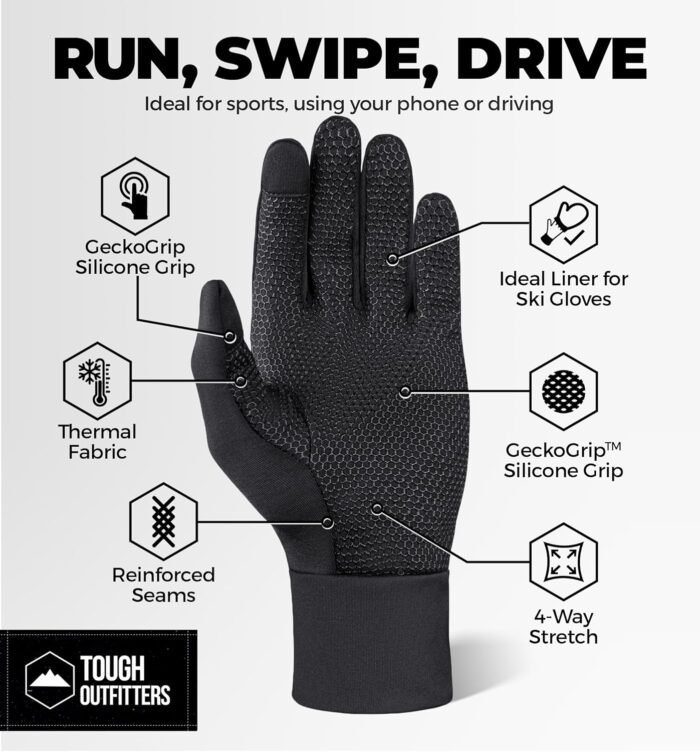 Tough Outdoors Running Gloves for Men & Women - Winter Glove Liners & Touchscreen Gloves - Lightweight Gloves & Hiking Gloves - Image 3