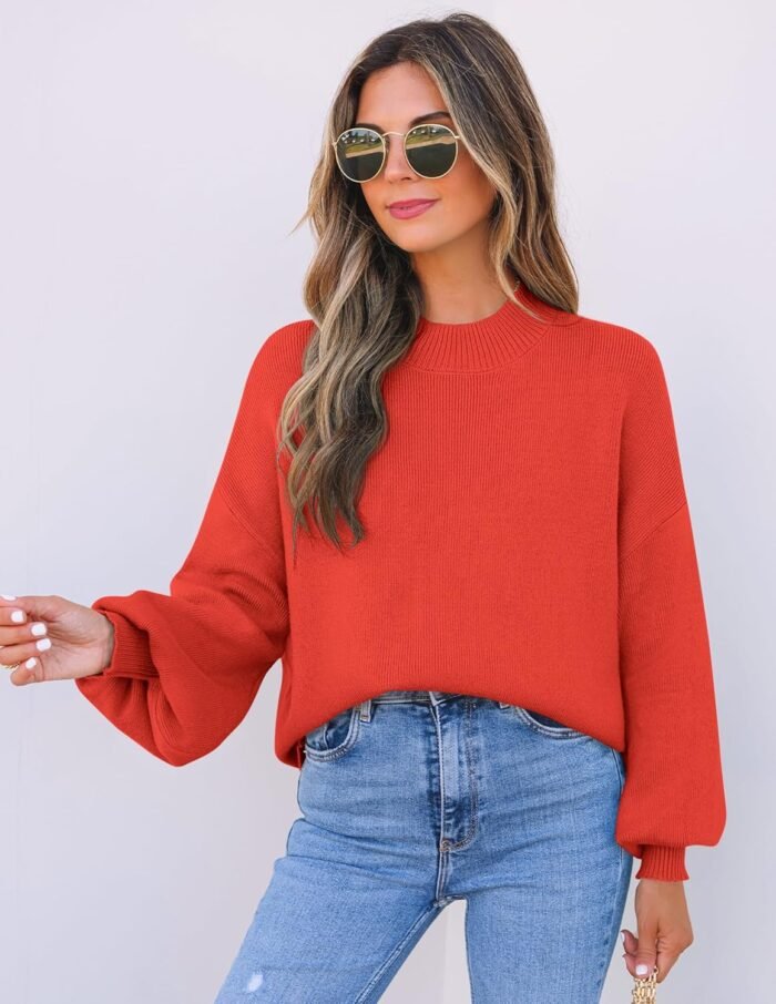 ZESICA Women's 2024 Casual Turtleneck Long Lantern Sleeve Oversized Ribbed Knit Pullover Sweater Jumper Top - Image 8