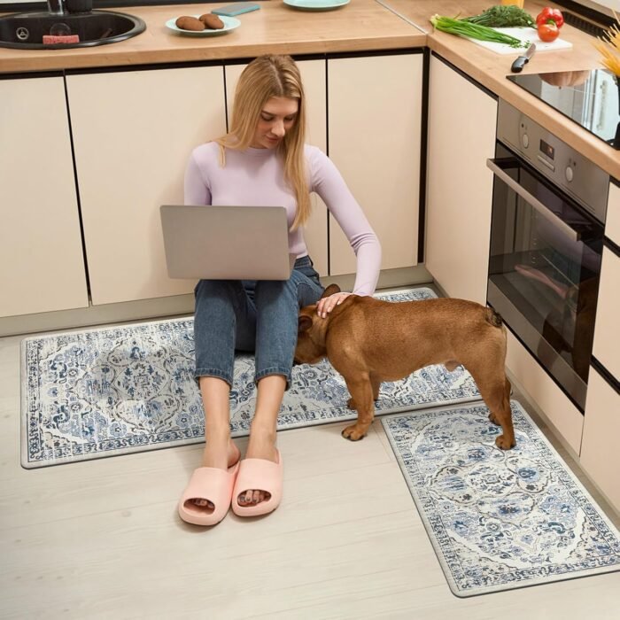 Ileading Kitchen Anti Fatigue Mat Set of 2 Non Skid Waterproof Kitchen Floor Mat Vintage Cushioned Comfort Standing Mat Boho Kitchen Rug Runner for Kitchen Sink Laundry, 17"x47"+17"x28", Blue - Image 7