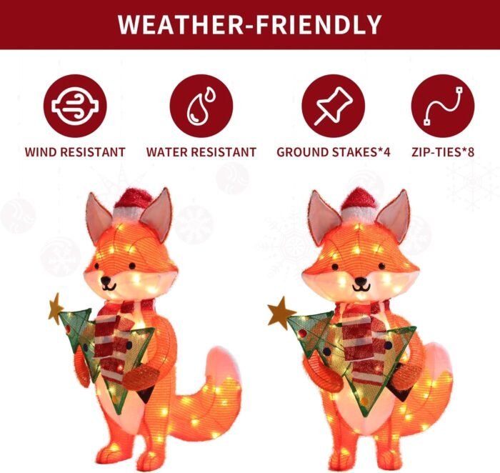 GENIMO Standing Fox Outdoor Christmas Decorations, 28.5 Inch Plush Pre-Lit Family Holiday Decor with 50 Lights, Fix with Stakes, Light for Indoor Outside Yard Porch Lawn Garden Patio - Image 5
