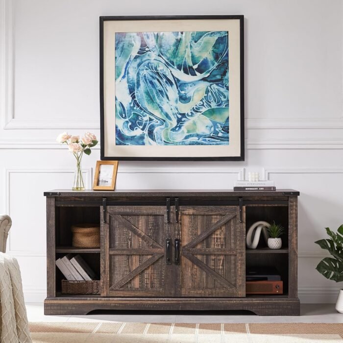 OKD Farmhouse Electric TV Stand for 65+ Inch TV, Rustic Entertainment Center with 18" Fireplace, Sliding Barn Door, Storage Shelves, Wood Media Console Cabinet for Living Room, Dark Rustic Oak - Image 5