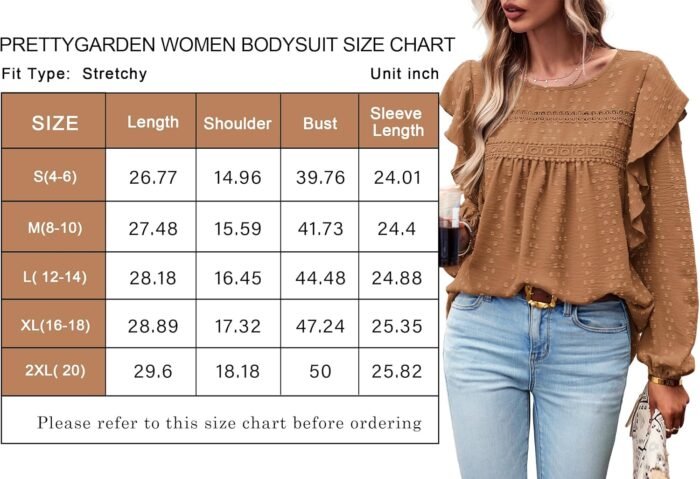 PRETTYGARDEN Women's Long Sleeve Blouses Ruffle Swiss Dot Crochet Loose Fit 2024 Fall Tunic Dressy Casual Tops - Image 6