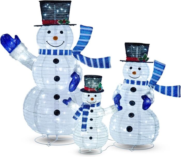 JOIEDOMI 3 Pcs 3D Christmas Collapsible Snowman Yard Light 270 Pre-Lit LED Cool White Lights for Indoor Outdoor Garden Holiday Décor, Christmas Event Decoration, Christmas Eve Night, Blue Scarf - Image 8