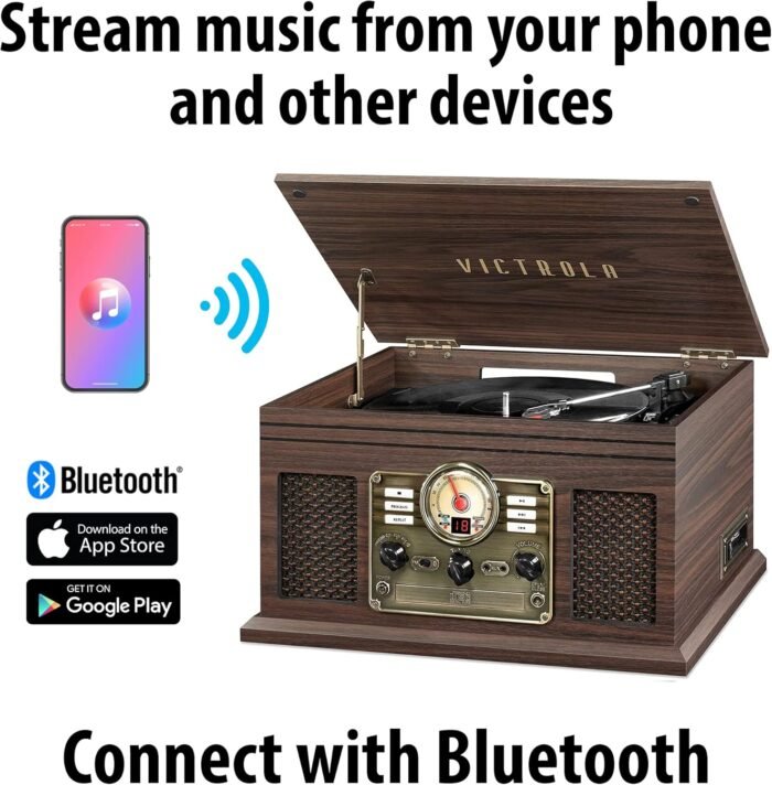 Victrola Nostalgic 6-in-1 Bluetooth Record Player & Multimedia Center with Built-in Speakers - 3-Speed Turntable, CD & Cassette Player, AM/FM Radio | Wireless Music Streaming | Espresso - Image 2