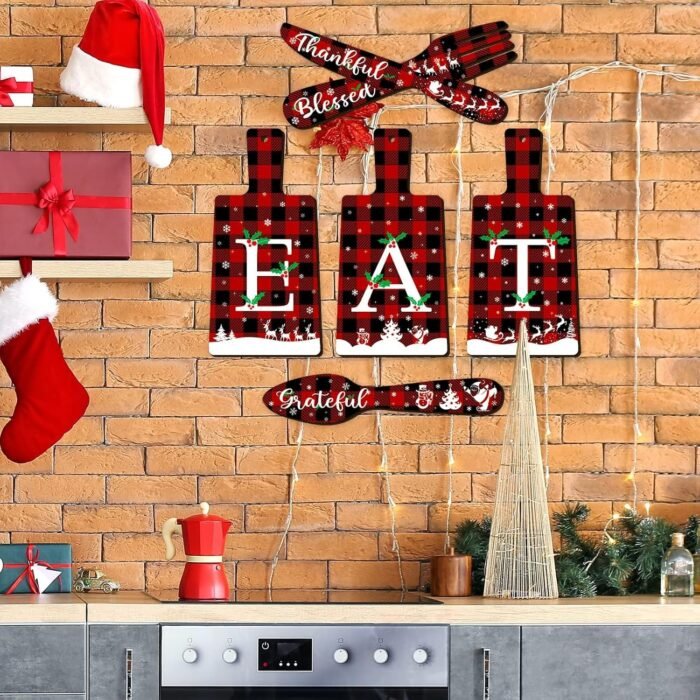 clothmile 6 Pcs Christmas Cutting Board Eat Sign Knife Spoon and Fork Wall Decor Buffalo Plaid Eat Sign Decor Burlap Wood Eat Kitchen Wall Decor Christmas Hanging Art Xmas Farmhouse Kitchen Decor