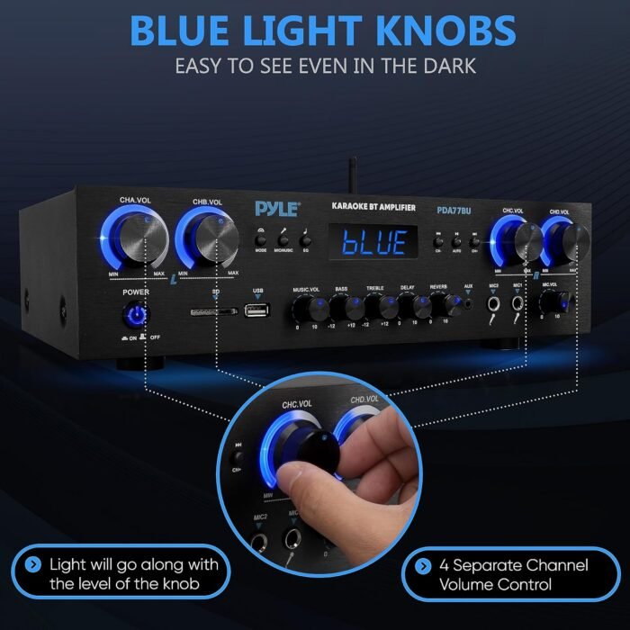 Pyle Bluetooth Home Audio Theater Amplifier Stereo Receiver 4 Channel 800 Watt Sound System w/MP3, USB, SD, AUX, RCA, FM,MIC, Headphone, Reverb Delay, LED Vol, for Home/Studio/Theater Speakers - Image 5