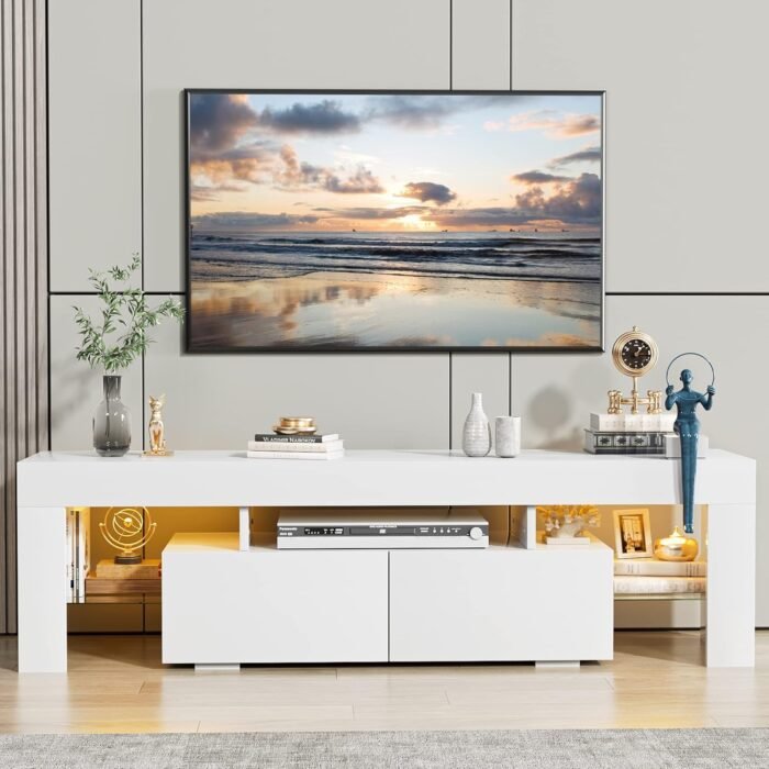 JUMMICO TV Stand, Modern Lighting TV Cabinet Entertainment Center Media and Open Shelf, TV Console Table with 1 Drawer and Remote Control, 20 Color LED Lights up to 70 Inch TV (White) - Image 2