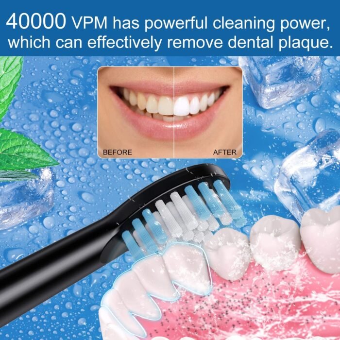 Electric Toothbrush, with 8 Replacement Brush Heads and 1 Travel Box,Sonic Toothbrush for Adults and Kids,Portable Rechargeable Toothbrush for Travel (Black) - Image 7