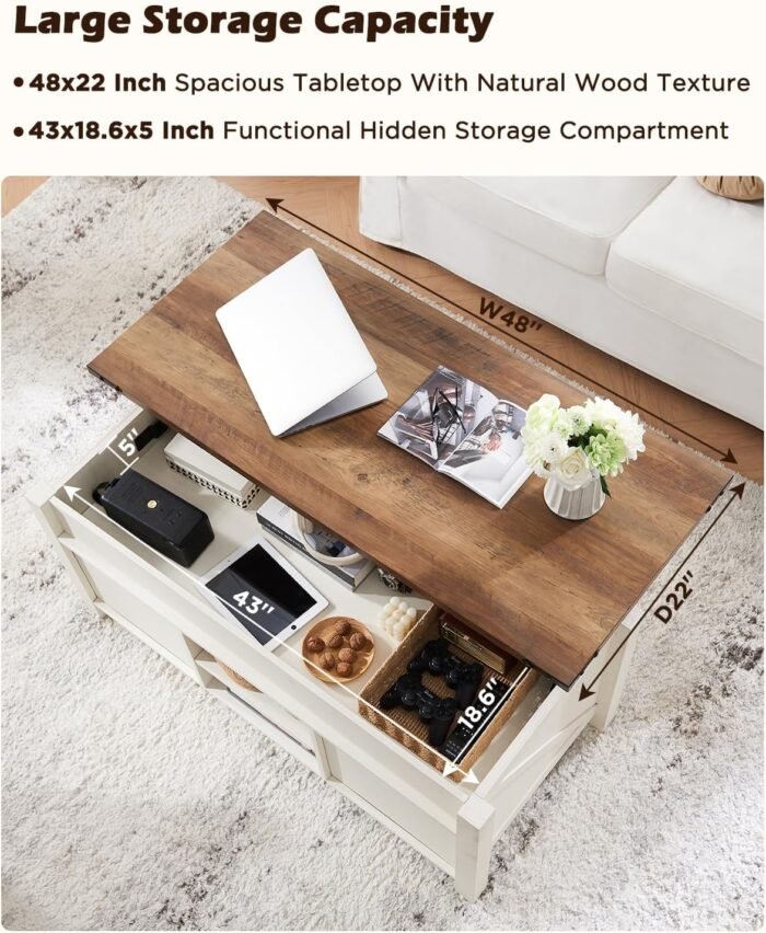 OKD 48" Farmhouse Lift Top Coffee Table with Sliding Barn Door,Rustic Center Table with Hidden Storage Compartment,Lifting Tabletop and Adjustable Shelf for Living Room,Office,Antique White - Image 4