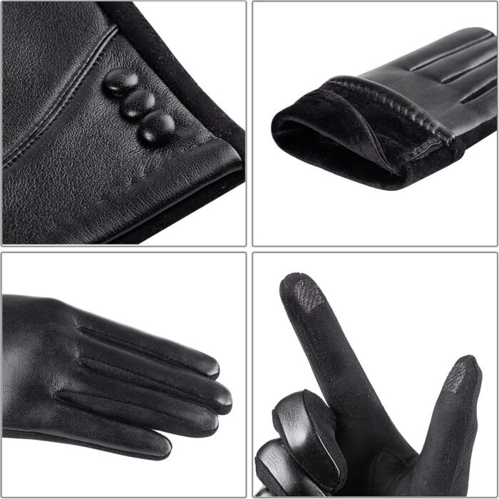 Womens Winter Leather Gloves Touch Screen Wool Lined Windproof Warm Suede Fashion Dress Gloves - Image 3