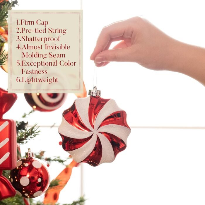 Valery Madelyn Christmas Ornaments Set, 108ct Candy Cane Red and White Shatterproof Christmas Tree Decorations Ball Ornaments Bulk, Decorative Hanging Ornaments for Xmas Trees Holiday Party Decor - Image 5