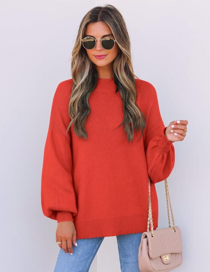ZESICA Women's 2024 Casual Turtleneck Long Lantern Sleeve Oversized Ribbed Knit Pullover Sweater Jumper Top - Image 3