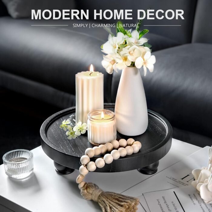 EOSAHR Modern Wood Riser for Display : Farmhouse Pedestal Stand for Kitchen Counter and Home Decor, Round Waterproof Display Tray for Soap on Sink (Black) - Image 2