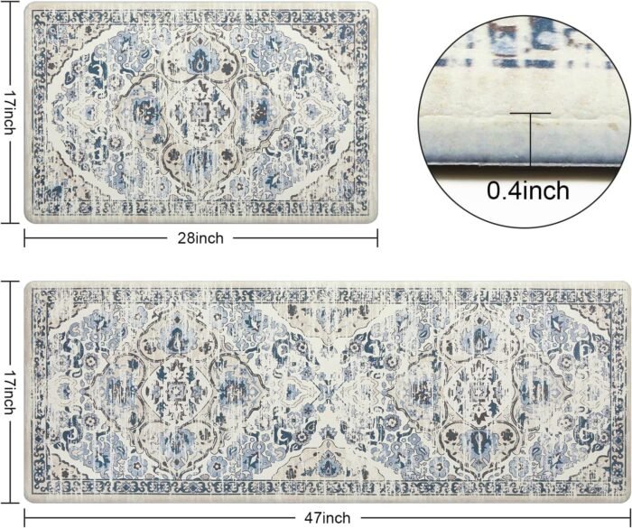 Ileading Kitchen Anti Fatigue Mat Set of 2 Non Skid Waterproof Kitchen Floor Mat Vintage Cushioned Comfort Standing Mat Boho Kitchen Rug Runner for Kitchen Sink Laundry, 17"x47"+17"x28", Blue - Image 3