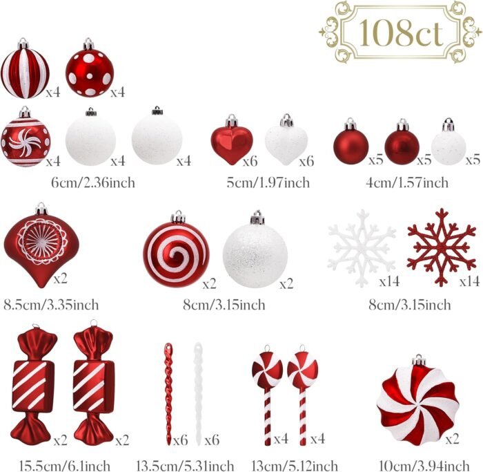 Valery Madelyn Christmas Ornaments Set, 108ct Candy Cane Red and White Shatterproof Christmas Tree Decorations Ball Ornaments Bulk, Decorative Hanging Ornaments for Xmas Trees Holiday Party Decor - Image 3