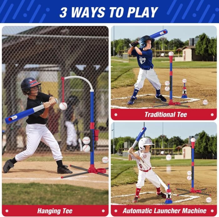 3-in-1 Baseball Set for Kids 3-5 - Tee Ball Stand, Hanging Tee, Ball Launcher and 6 Softballs - Adjustable Height, Indoor/Outdoor Sport Gifts for Boys, Blue - Image 2