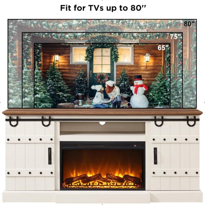 OKD 70" Fireplace TV Stand for 75+ 80 Inch TV, Farmhouse Highboy Entertainment Center with 30" Electric Fireplace & Sliding Barn Doors, Rustic Tall Media Console Cabinet for Living Room, Antique White - Image 6