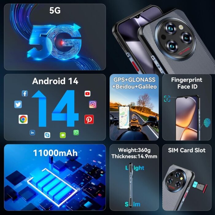 OUKITEL WP35 Rugged Smartphone 5G - 24GB+256GB/TF 2TB Android 14 Rugged Phone, 11000mAh Large Battery, 6.6" FHD+ Corning Screen, Dual Sim Cell Phone, 64MP+32MP Camera, NFC/OTG/BT5.2/T-Mobile, Grey - Image 7