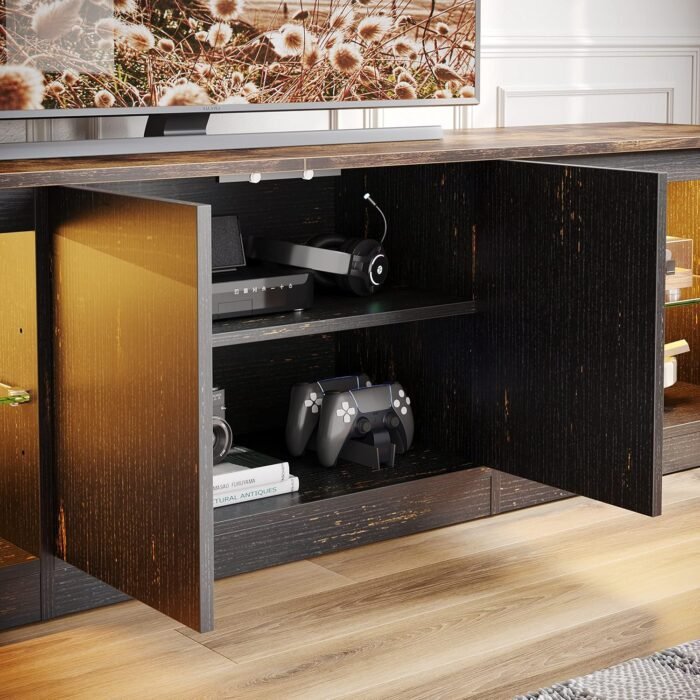 Bestier 70 Inch Led TV Stand for 75 Inch TV Large Entertainment Center Gaming with Adjustable Glass Shelves Two Cabinets Modern TV Console for Living Room 22 RGB Modes, Golden Black - Image 4