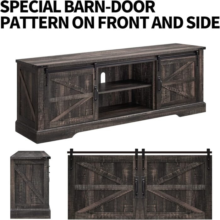 OKD Farmhouse TV Stand for 75 Inch TV with Sliding Barn Door, Rustic Wood Entertainment Center Large Media Console Cabinet Long Television Stands for 70 Inch TVs, Dark Rustic Oak - Image 7