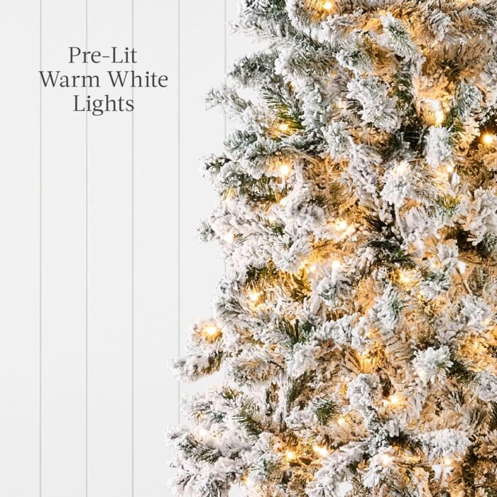 Best Choice Products Flocked Pencil Christmas Tree, Pre-Lit Slim Artificial Holiday Decoration, 6ft Lighted Skinny w/Base, Warm White Lights - Image 6
