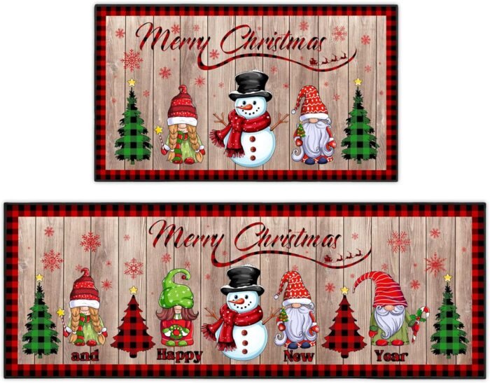 2 Pcs Christmas Kitchen Rugs and Mats, Merry Christmas and Happy New Year Kitchen Decor Non-Slip Floor Mat Sets, Gnome Snowman Washable Microfiber Kitchen Carpet 17x47+17x30 Inches - Image 7