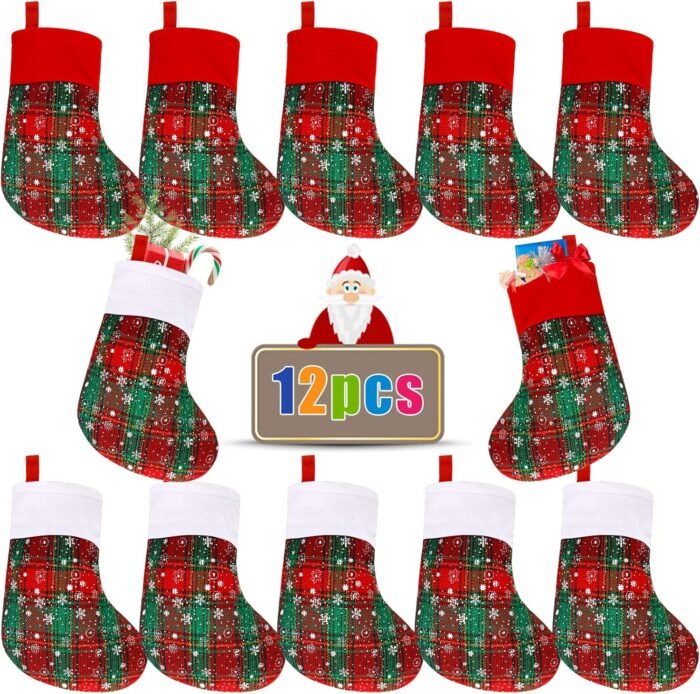 DIYASY Mini Christmas Stockings, 12 Pack Small Buffalo Plaid Stocking Snowflake Red Green Stockings Bulk for Christmas Tree Ornament Decorations Gift Holder（8Inches）