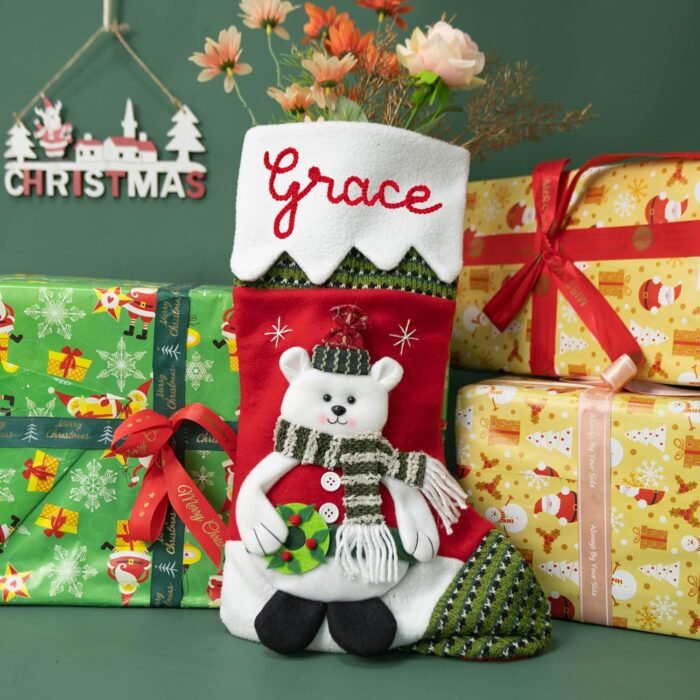NAZENTI Personalized Christmas Stocking, Custom Hand Embroidered Chritsmas Stocking, Polar Bear Christmas Stocking, Customized Stockings Gifts for Family, Christmas Decor, 3D Plush Character Stocking - Image 6