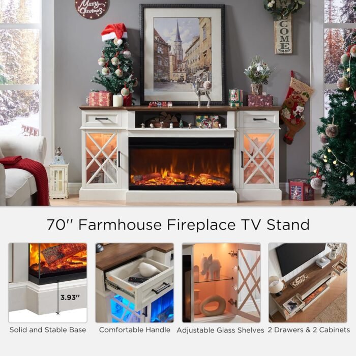 OKD 3-Sided Farmhouse Electric Fireplace TV Stand for TVs up to 80'', Highboy Entertainment Center with Glass Door Storage Cabinet, 70'' Large TV Stands with 36'' , Antique White - Image 3