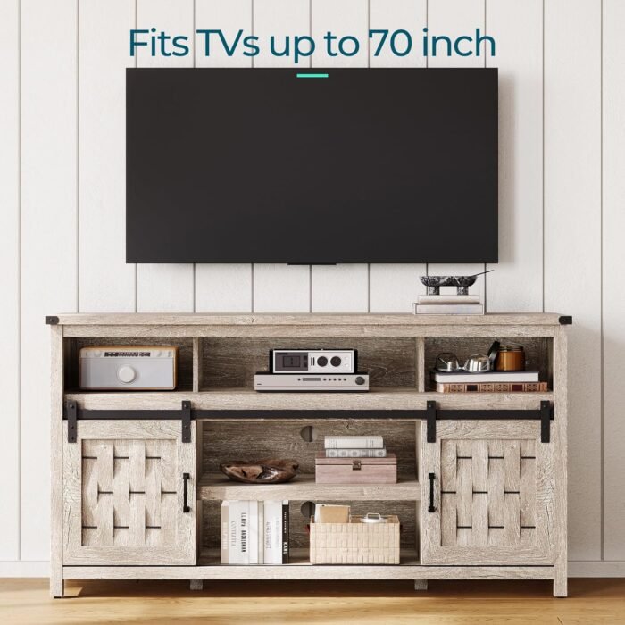 LINSY HOME Farmhouse TV Stand for 65 Inch TV, Tall Highboy Entertainment Center with Sliding Barn Door, Rustic Media Console with Storage Shelves, Wood Television Stand for Living Room, Light Grey - Image 4