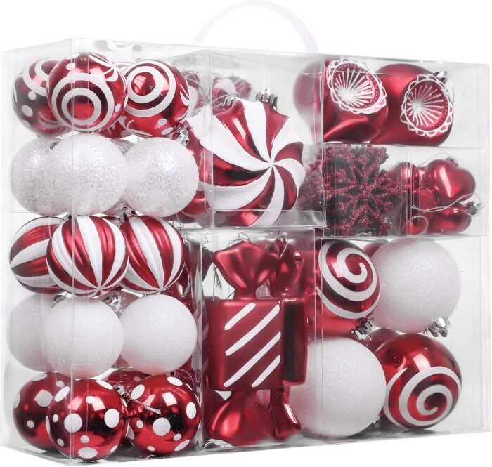 Valery Madelyn Christmas Ornaments Set, 108ct Candy Cane Red and White Shatterproof Christmas Tree Decorations Ball Ornaments Bulk, Decorative Hanging Ornaments for Xmas Trees Holiday Party Decor