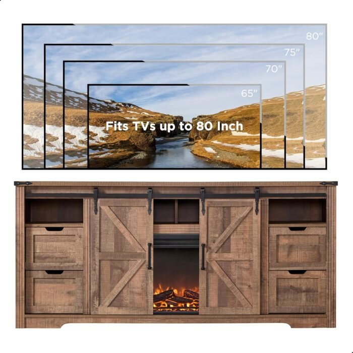 JXQTLINGMU Fireplace TV Stand for 80 Inch TV, Farmhouse Entertainment Center with 36" Fireplace, Modern Media Console with Sliding Barn Door & Storage Drawers for Living Room, Light Brown - Image 6