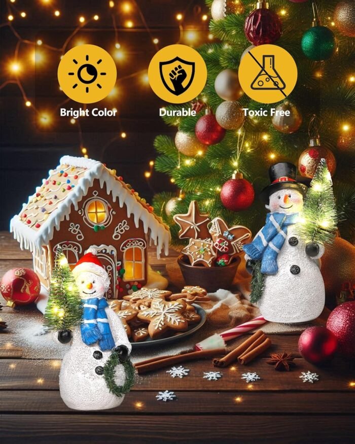 Duo 5'' Resin Snowman Figurines with Lighted Christmas Tree Wreath - Christmas Decorations Indoor Snowman Decor Ornaments Centerpiece - Winter Holiday (Snowmen) - Image 2