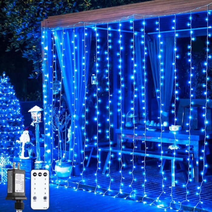 JMEXSUSS 300LED Christmas Curtain Lights, Blue Christmas Lights with Remote, Blue String Lights for Bedroom Wall Window Backdrop Garden Indoor Outdoor Christmas Decorations, 9.8x9.8ft