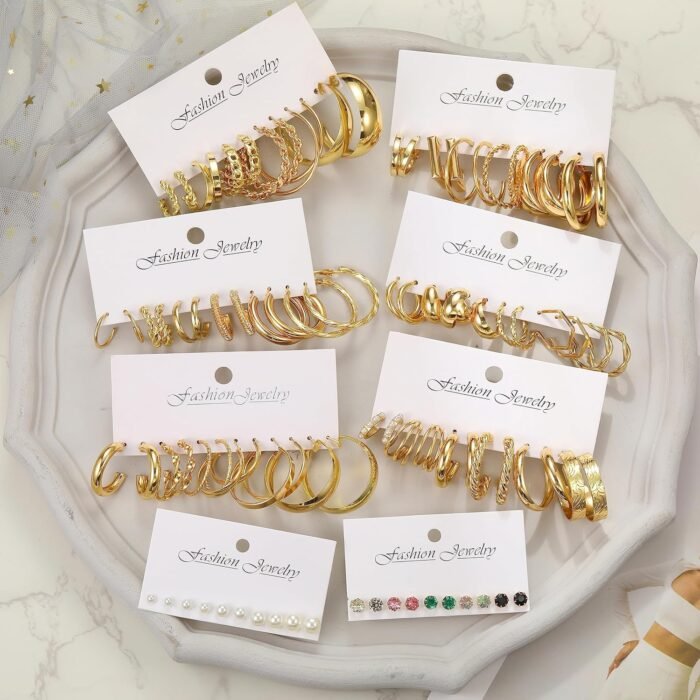 46 Pairs Gold Hoop Earrings Set for Women, Fashion Hypoallergenic Chunky Twisted Pearl Stud Earrings Multipack, Small Big Hoops Earring Packs Trendy for Christmas Birthday Party Jewelry Gift - Image 5