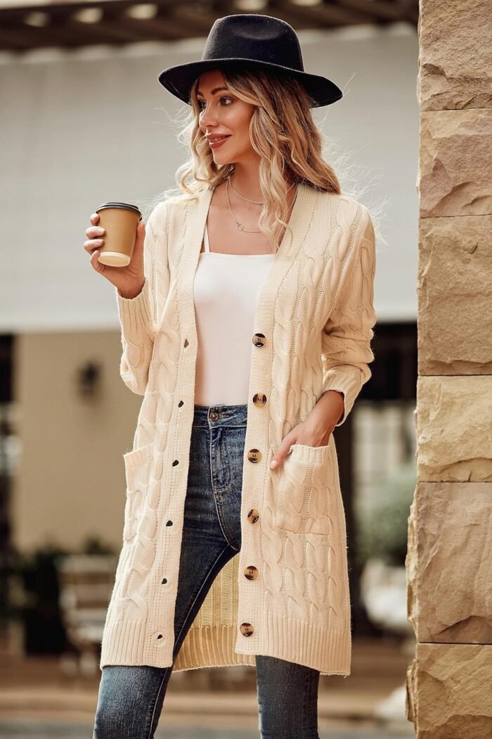 PRETTYGARDEN Long Sleeve Cable Knit Long Cardigan for Women 2024 Fall Winter Chunky Open Front Button Sweaters with Pockets - Image 2