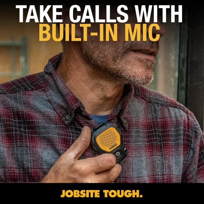 DEWALT Wearable Bluetooth Speaker (Updated Version), Clip-On Wireless Jobsite Pro Water-Resistant Portable Speaker (Non-Magnetic), Built-in Mic for Hands-Free Music/Calls, Bluetooth Speaker (Yellow) - Image 9