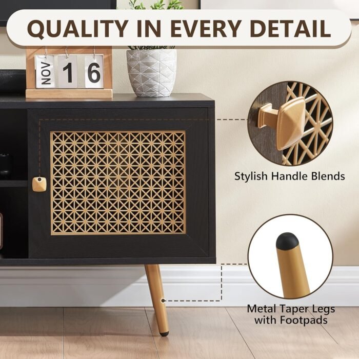 EDYO LIVING 65" Mid Century Modern Black TV Stand with Metal Decoration, Wood Storage TV Cabinet and Open Shelf Entertainment Center, TV Media Console Table for Living Room - Image 4