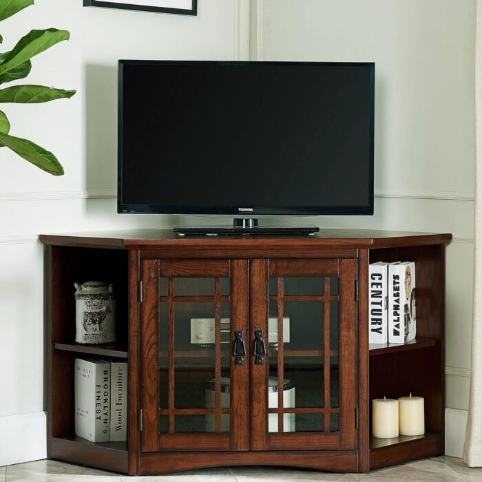 Leick Home 82287 Solid Wood Mission Oak Two Door Corner TV Stand For 50" TVs Living Room Storage Shelves Entertainment Center, Mission Oak TV Console - Image 8