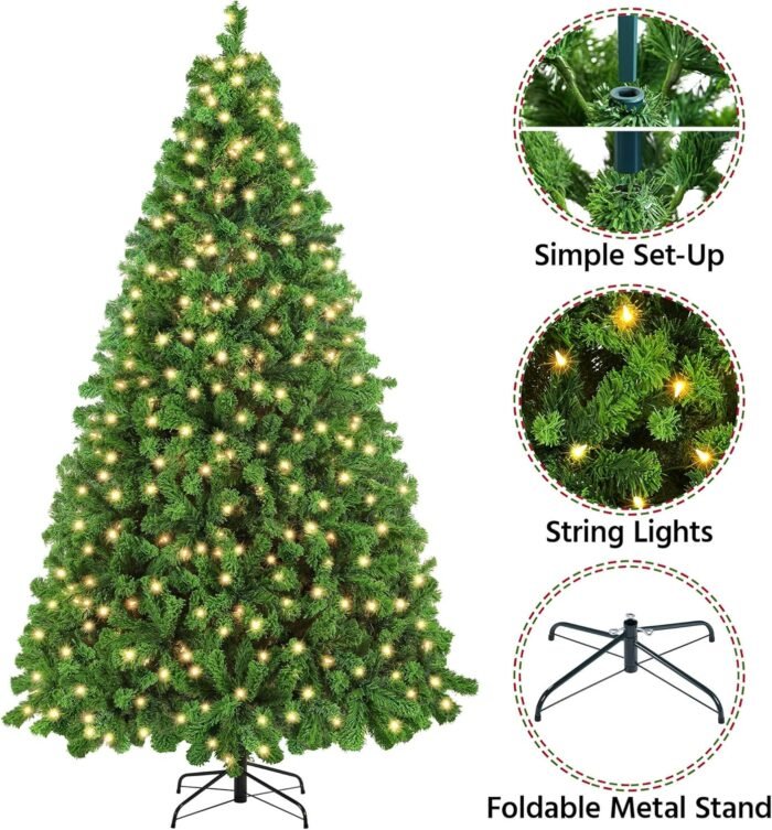 Yaheetech 7.5ft Pre-lit Artificial Christmas Tree with Incandescent Warm White Lights, Flocked Prelighted Xmas Tree with 1284 Branch Tips, 550 Incandescent Lights & Foldable Stand, Pure Green - Image 4