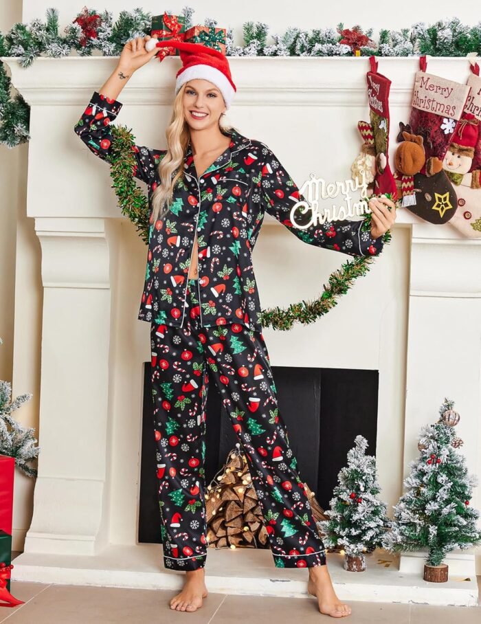 Ekouaer Women's Classic Button Down Long Satin Silk Pajama Set - Image 2