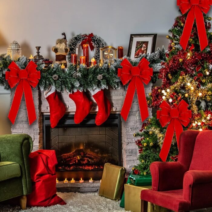 2 Pack Red Christmas Bows Outdoor Decorations,12”x20” Large Christmas Tree Topper Bow, Velvet Wreath Bow with Glitter Gold Edge for Xmas Home Front Door Decor - Image 6