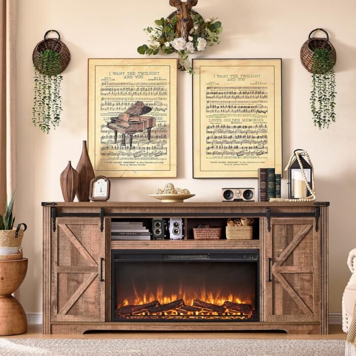JXQTLINGMU Fireplace TV Stand for 80 Inch TV, Farmhouse Entertainment Center with 36" Fireplace, Modern Media Console with Sliding Barn Door & Storage Drawers for Living Room, Light Brown - Image 3