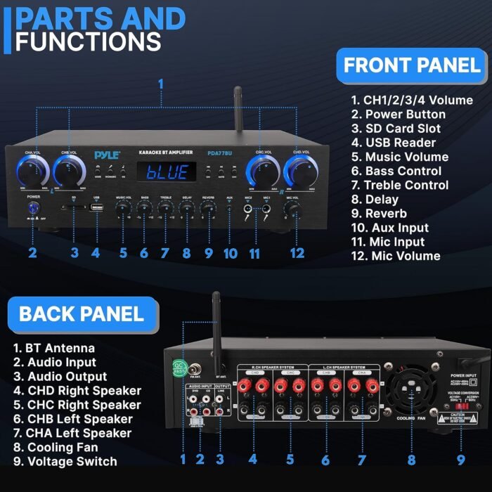 Pyle Bluetooth Home Audio Theater Amplifier Stereo Receiver 4 Channel 800 Watt Sound System w/MP3, USB, SD, AUX, RCA, FM,MIC, Headphone, Reverb Delay, LED Vol, for Home/Studio/Theater Speakers - Image 7