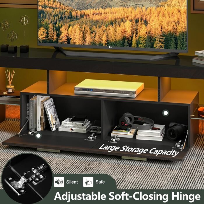 Clikuutory Modern LED 63 inch Long TV Stand with Large Storage Drawer for 50 55 60 65 70 75 Inch TVs, Black Wood TV Console with High Glossy Entertainment Center for Living Room, Bedroom, Black - Image 5