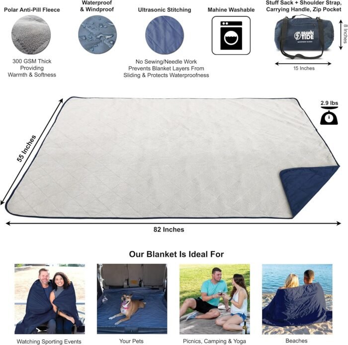 BRAWNTIDE Large Outdoor Waterproof Blanket - Quilted, Extra Thick Fleece, Warm, Windproof, Sandproof, Includes Stuff Sack, Shoulder Strap, Ideal for Beaches, Picnics, Camping, Stadiums, Dogs, Car - Image 2