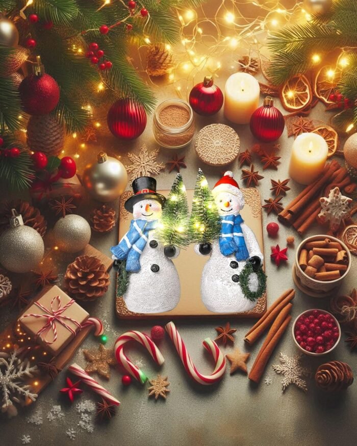 Duo 5'' Resin Snowman Figurines with Lighted Christmas Tree Wreath - Christmas Decorations Indoor Snowman Decor Ornaments Centerpiece - Winter Holiday (Snowmen) - Image 8