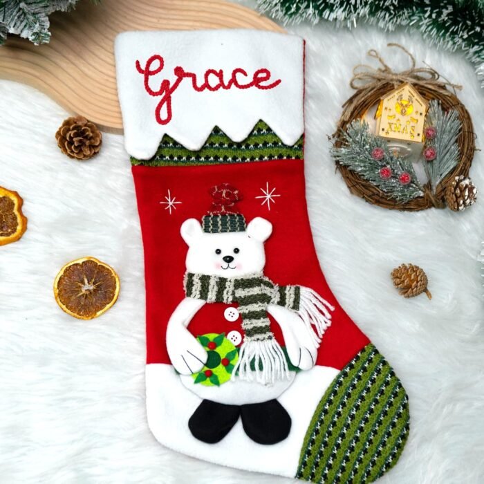 NAZENTI Personalized Christmas Stocking, Custom Hand Embroidered Chritsmas Stocking, Polar Bear Christmas Stocking, Customized Stockings Gifts for Family, Christmas Decor, 3D Plush Character Stocking - Image 3
