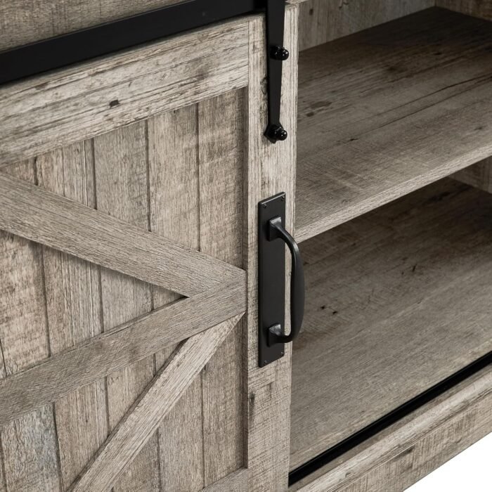 OKD Farmhouse TV Stand for 65+ Inch TV, 33" Tall Highboy Entertainment Center w/Sliding Barn Door, Rustic Media Console w/Storage Shelves, Wood Television Stand for Living Room, Light Rustic Oak - Image 8