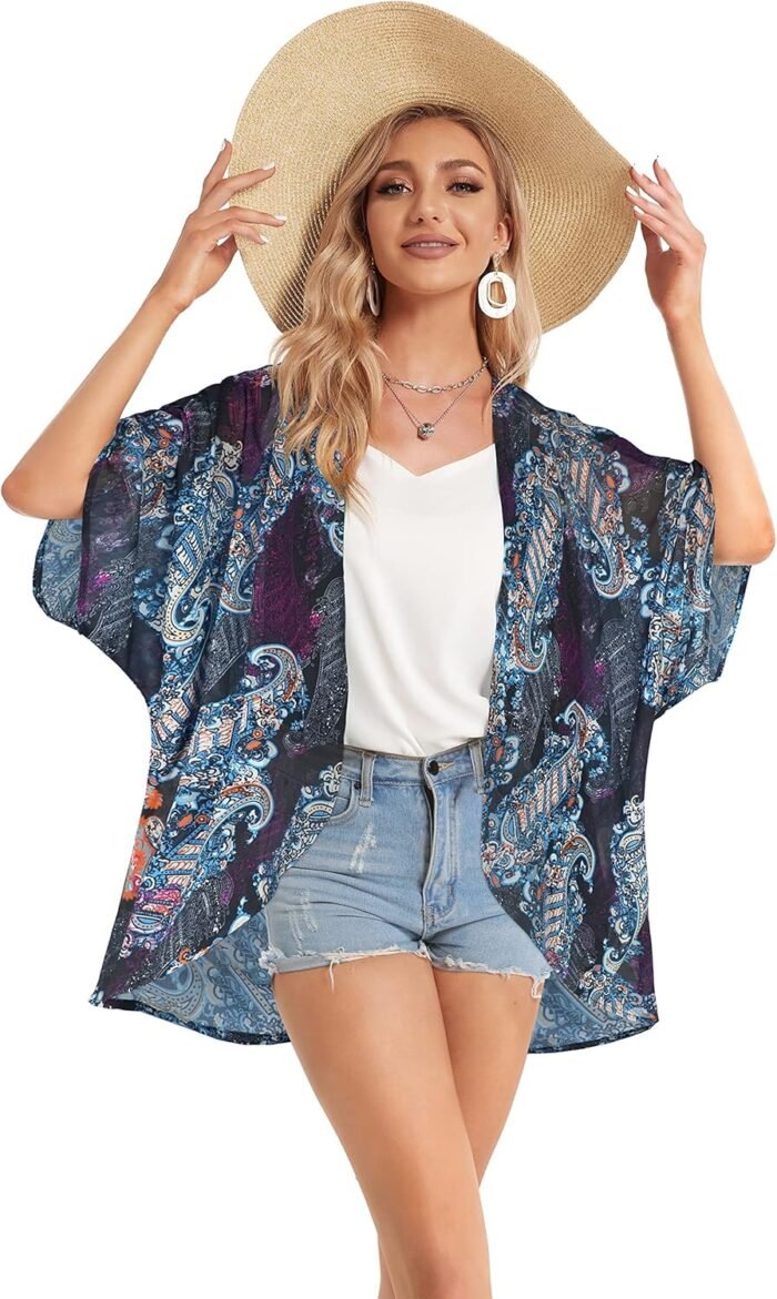 Women's Floral Print Puff Sleeve Kimono Cardigan Loose Cover Up Casual Blouse Tops - Image 4